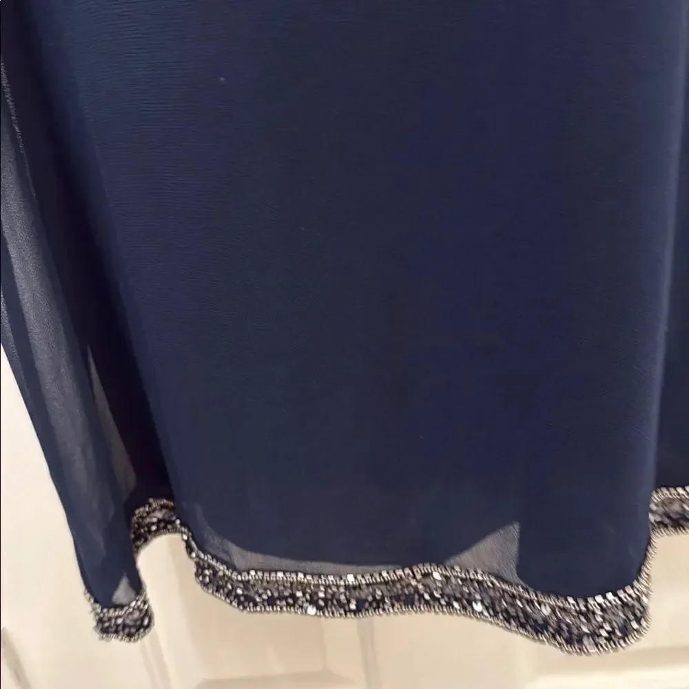 Jkara Elegant Navy Mercury Beaded Embellished Midi Dress Sheer Kaftan Plus 24W